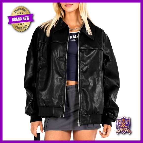Oversized Faux Leather Bomber Jacket Moto Biker Coat Y2K Chic Casual